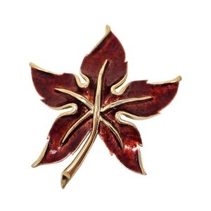 Vintage Kramer Leaf Brooch Reddish Orange Enamel Gold Tone Signed